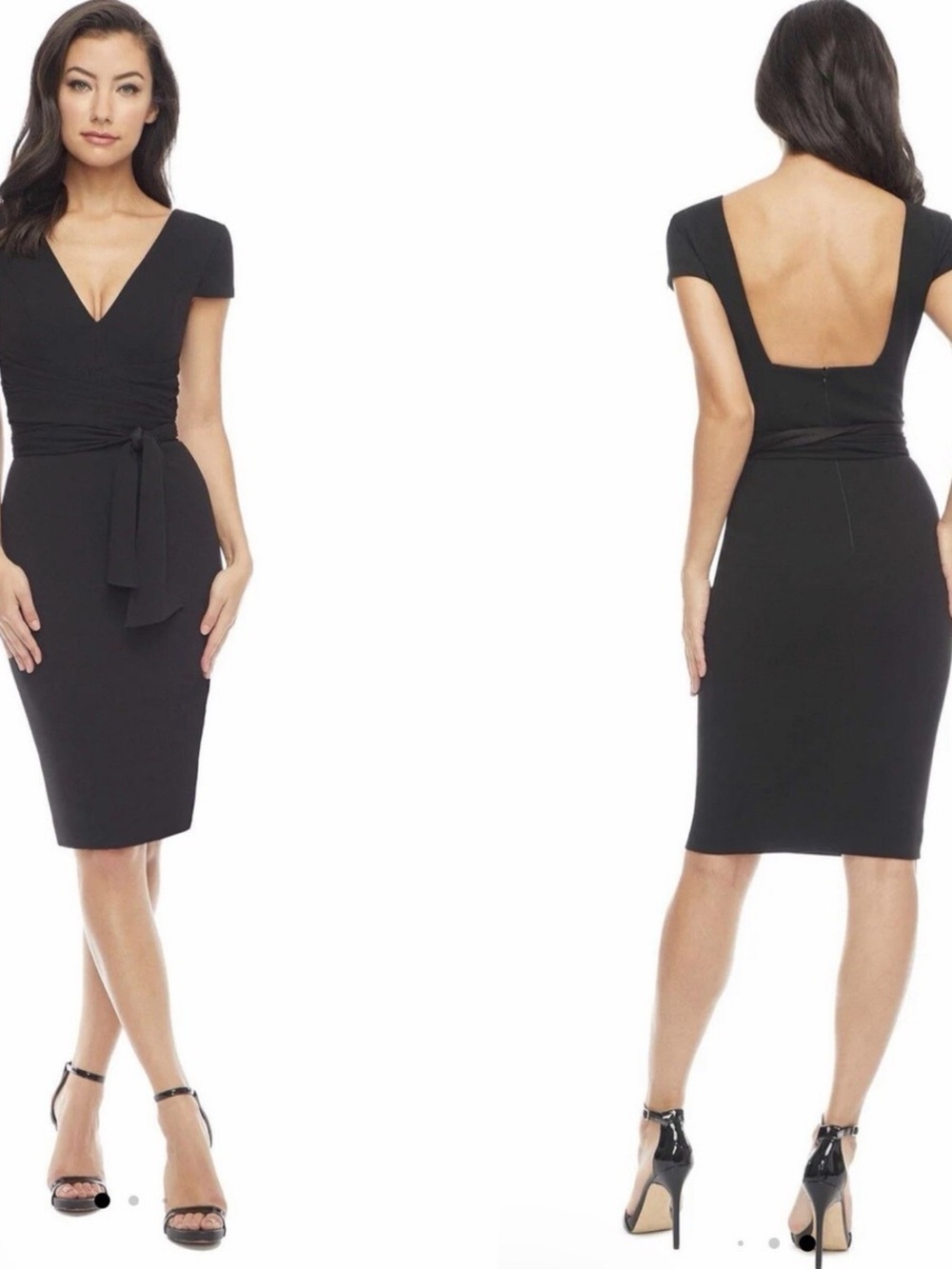 Dress the Population Dana Black V-Neck Midi Wrap Dress